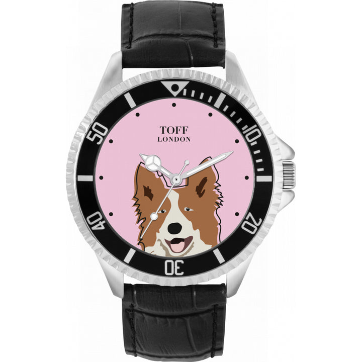 Mens Brown And White Border Collie Dog Head Watch