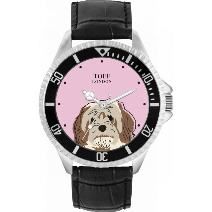 Mens Beige And Brown Cavachon Dog Head Watch