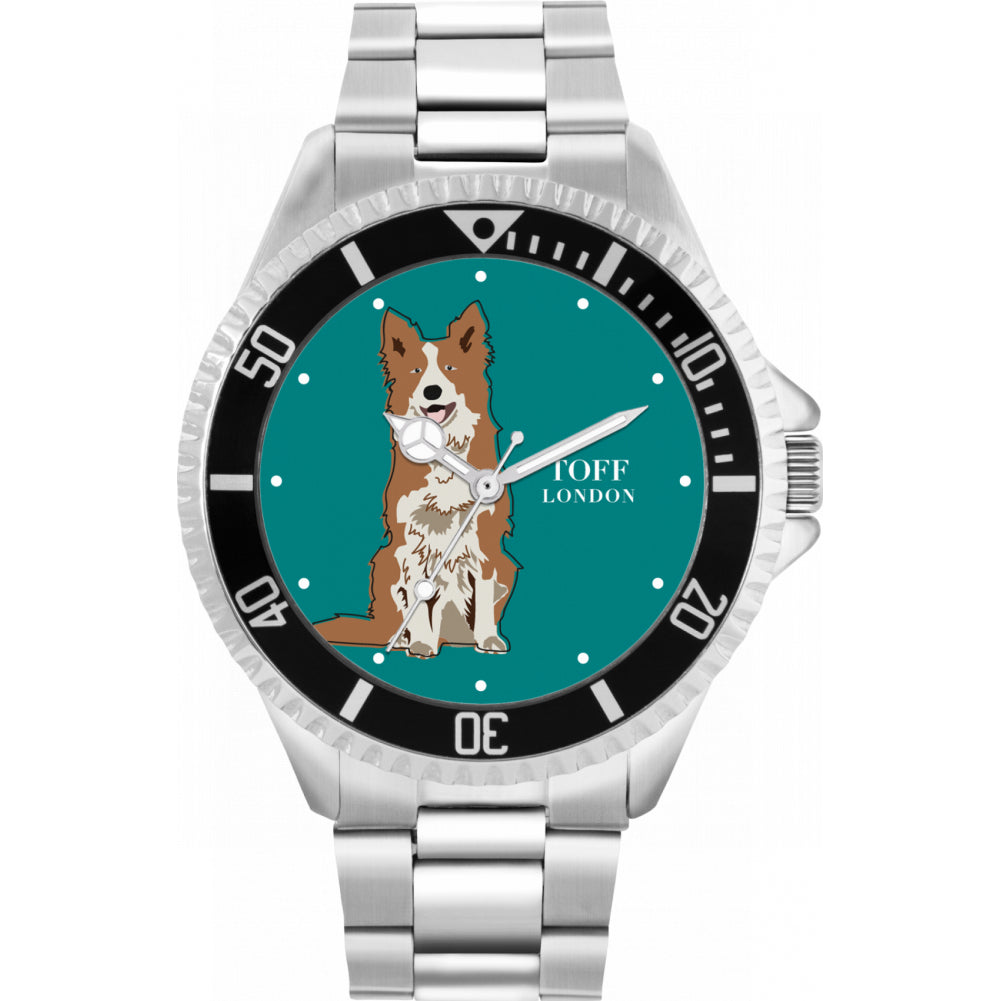 Mens Brown And White Border Collie Dog Watch