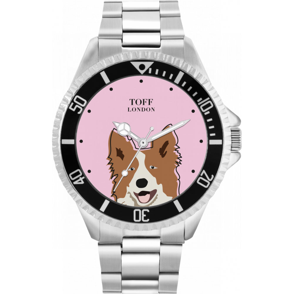 Mens Brown And White Border Collie Dog Head Watch
