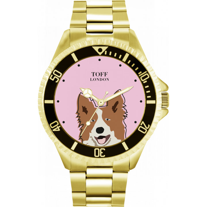 Mens Brown And White Border Collie Dog Head Watch