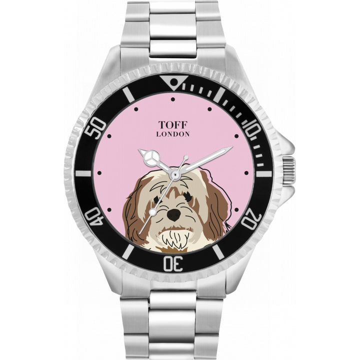 Mens Beige And Brown Cavachon Dog Head Watch