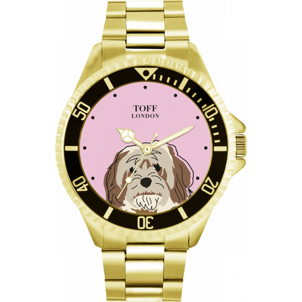 Mens Beige And Brown Cavachon Dog Head Watch