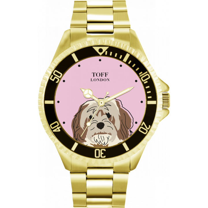 Mens Beige And Brown Cavachon Dog Head Watch