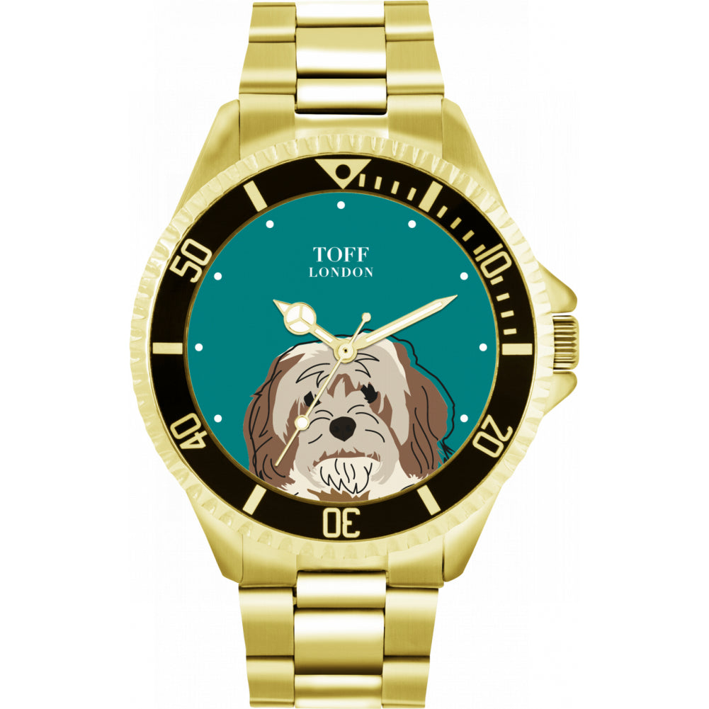 Mens Beige And Brown Cavachon Dog Head Watch