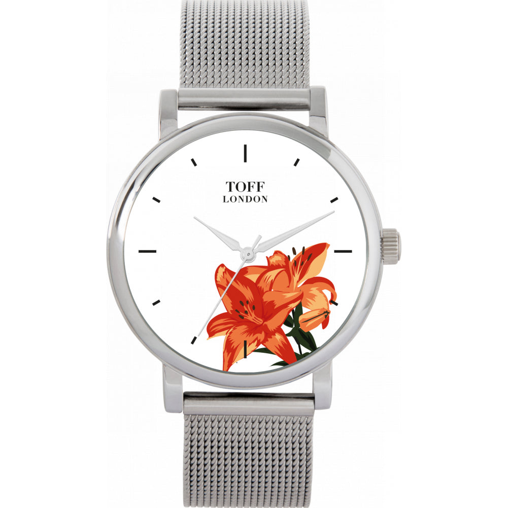Ladies Orange Lilies Flower Watch