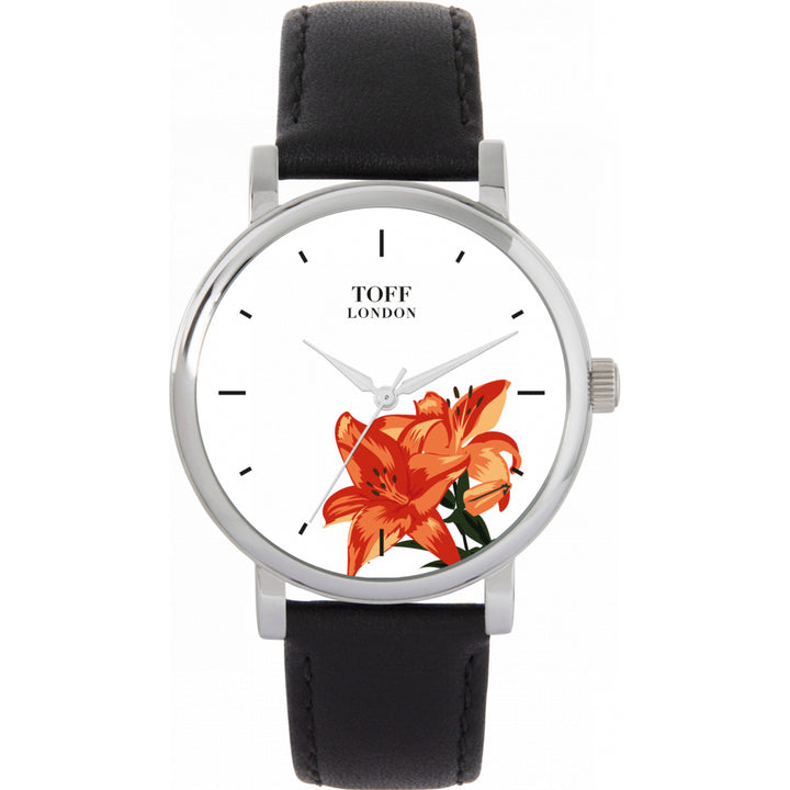 Ladies Orange Lilies Flower Watch