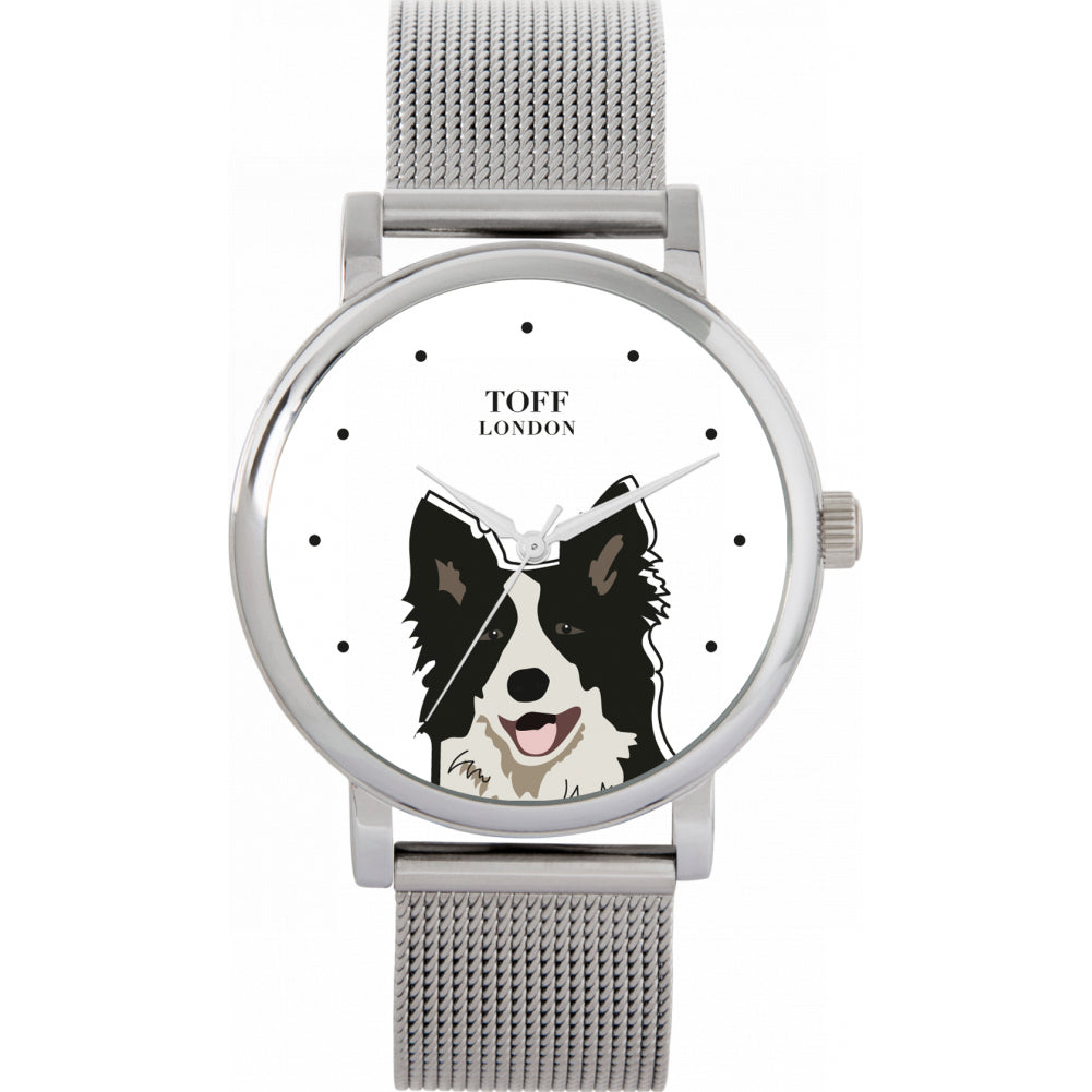 Ladies Black And White Border Collie Dog Head Watch