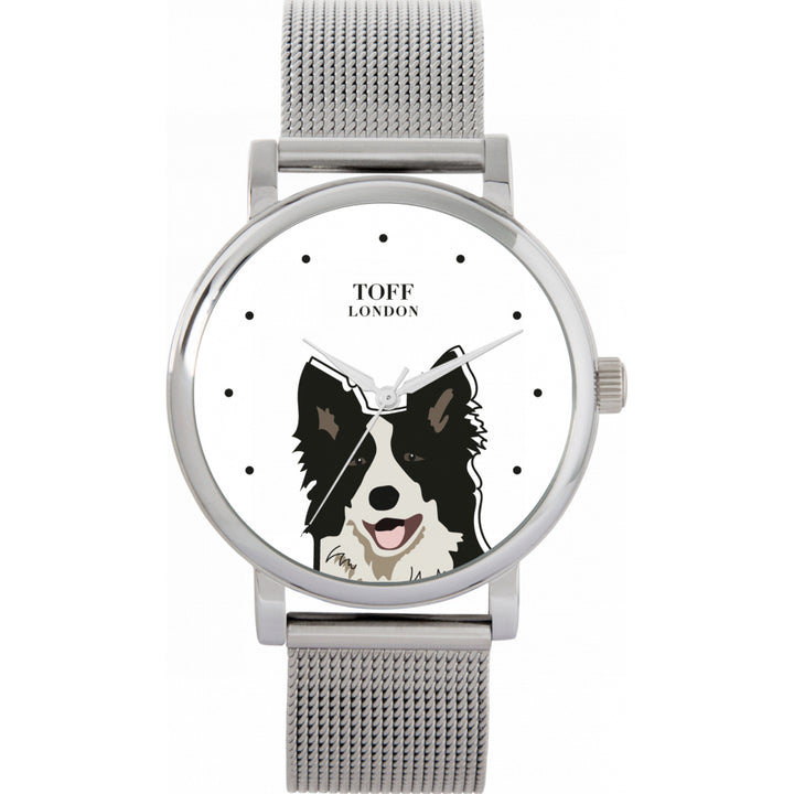 Ladies Black And White Border Collie Dog Head Watch