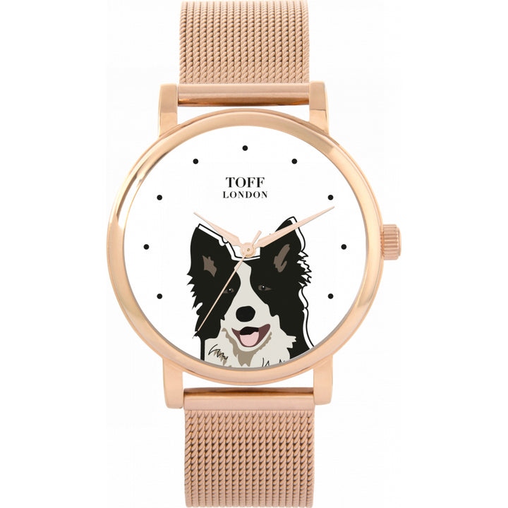 Ladies Black And White Border Collie Dog Head Watch