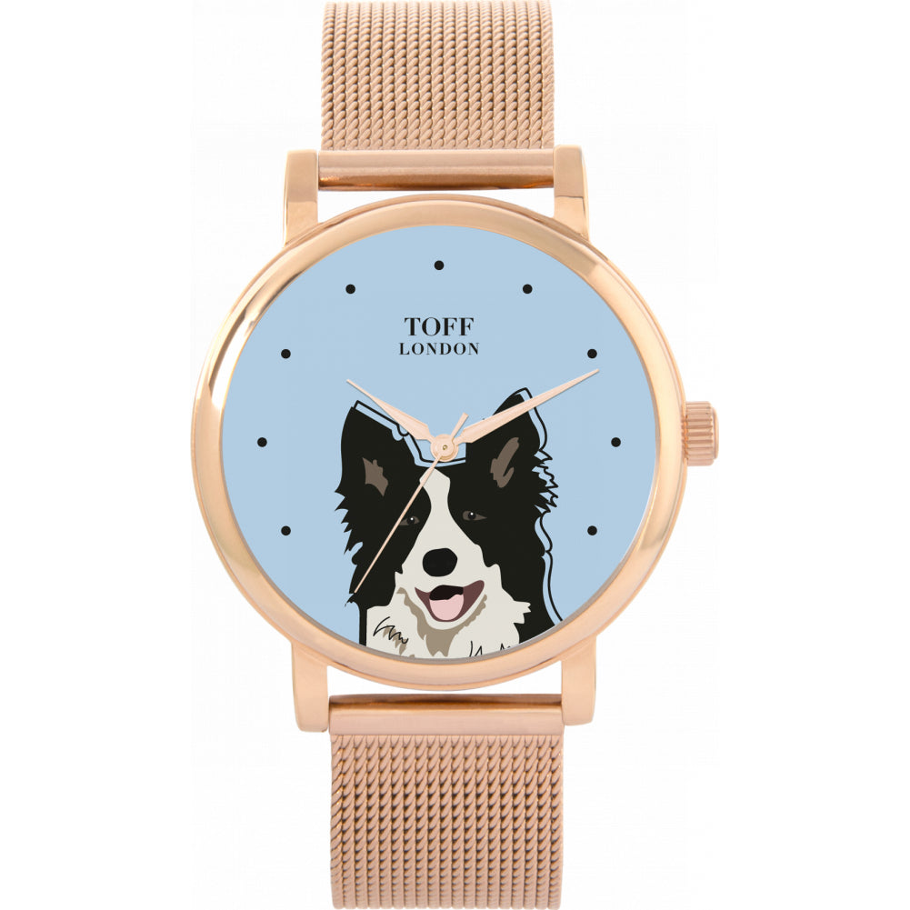 Ladies Black And White Border Collie Dog Head Watch