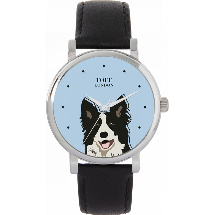 Ladies Black And White Border Collie Dog Head Watch