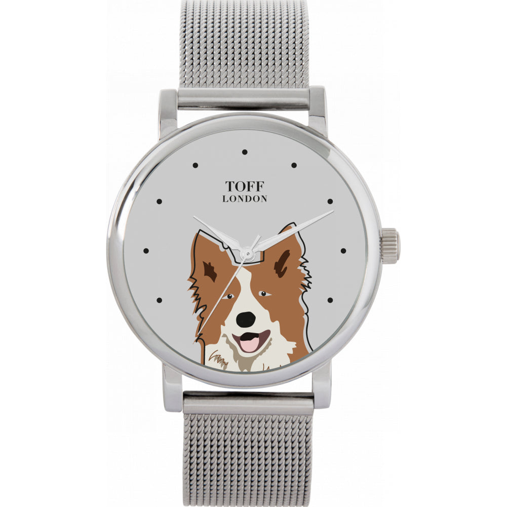 Ladies Brown And White Border Collie Dog Head Watch