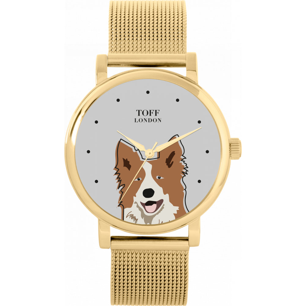 Ladies Brown And White Border Collie Dog Head Watch