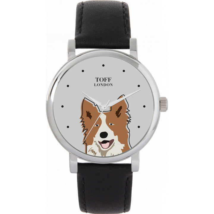 Ladies Brown And White Border Collie Dog Head Watch
