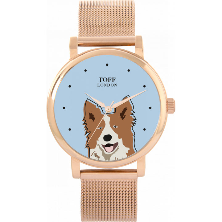 Ladies Brown And White Border Collie Dog Head Watch