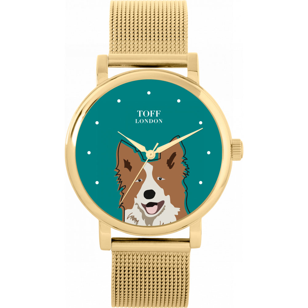 Ladies Brown And White Border Collie Dog Head Watch