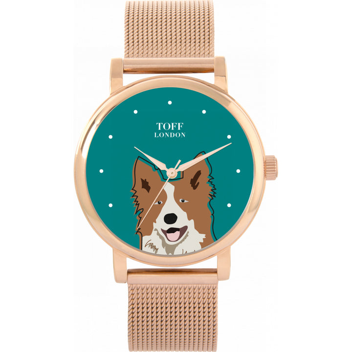 Ladies Brown And White Border Collie Dog Head Watch