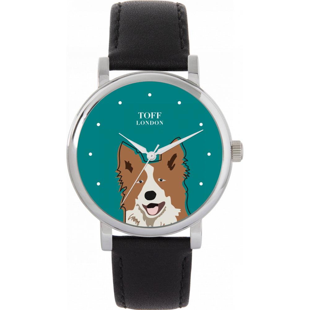 Ladies Brown And White Border Collie Dog Head Watch