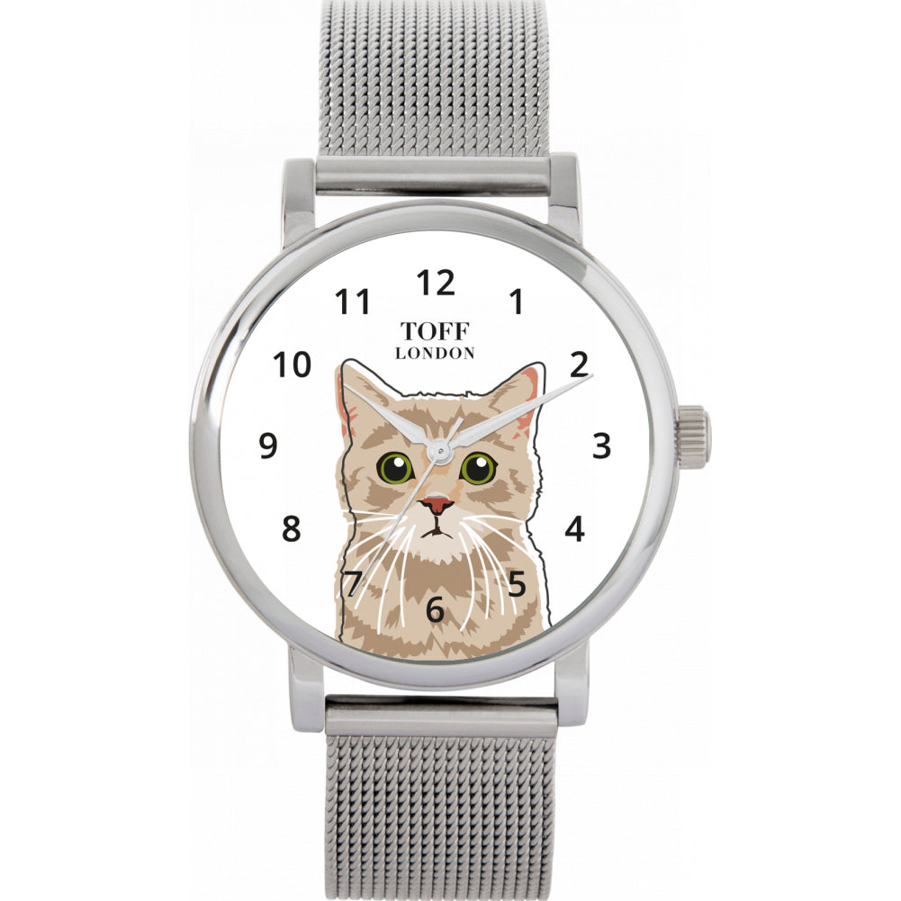 Ladies Beige Tabby Cat Head Watch