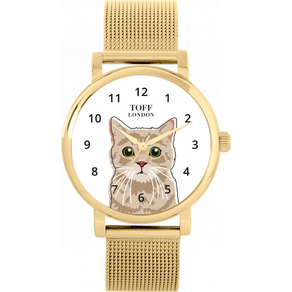 Ladies Beige Tabby Cat Head Watch