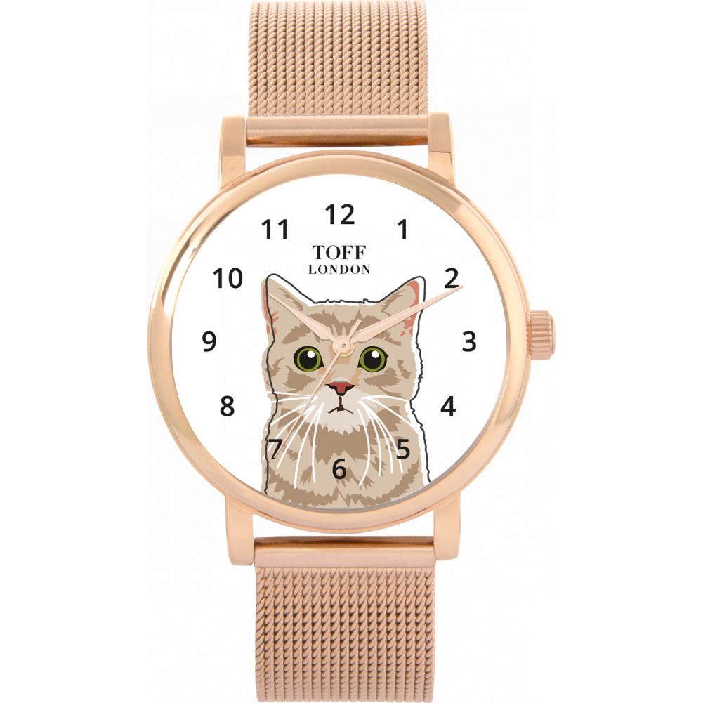 Ladies Beige Tabby Cat Head Watch