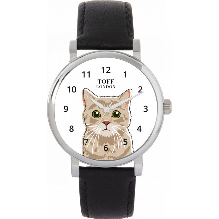 Ladies Beige Tabby Cat Head Watch