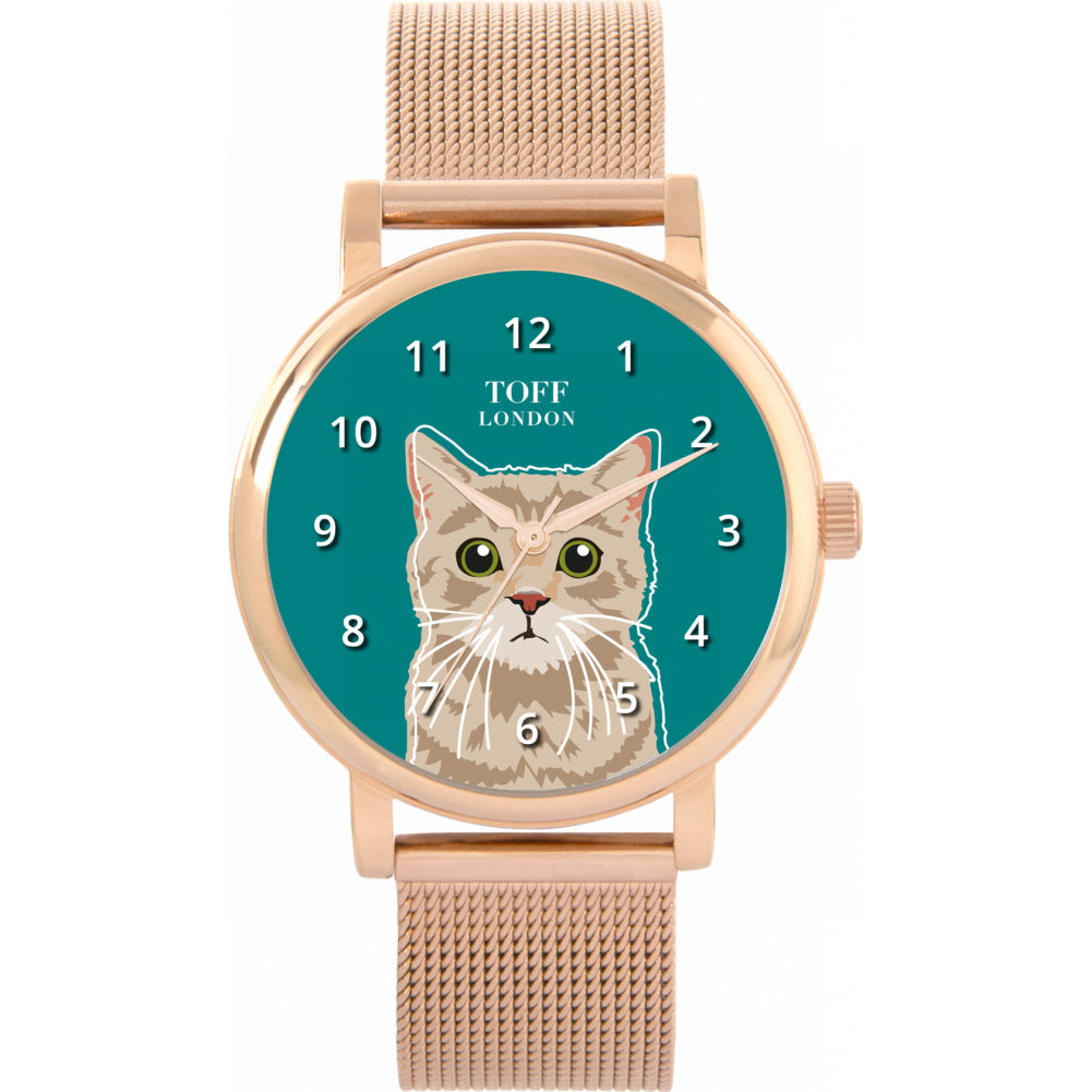 Ladies Beige Tabby Cat Head Watch