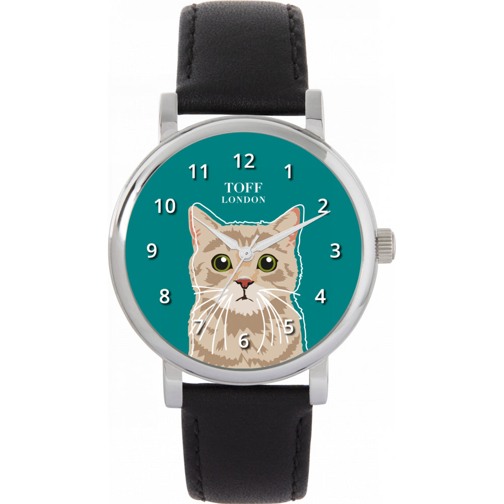 Ladies Beige Tabby Cat Head Watch