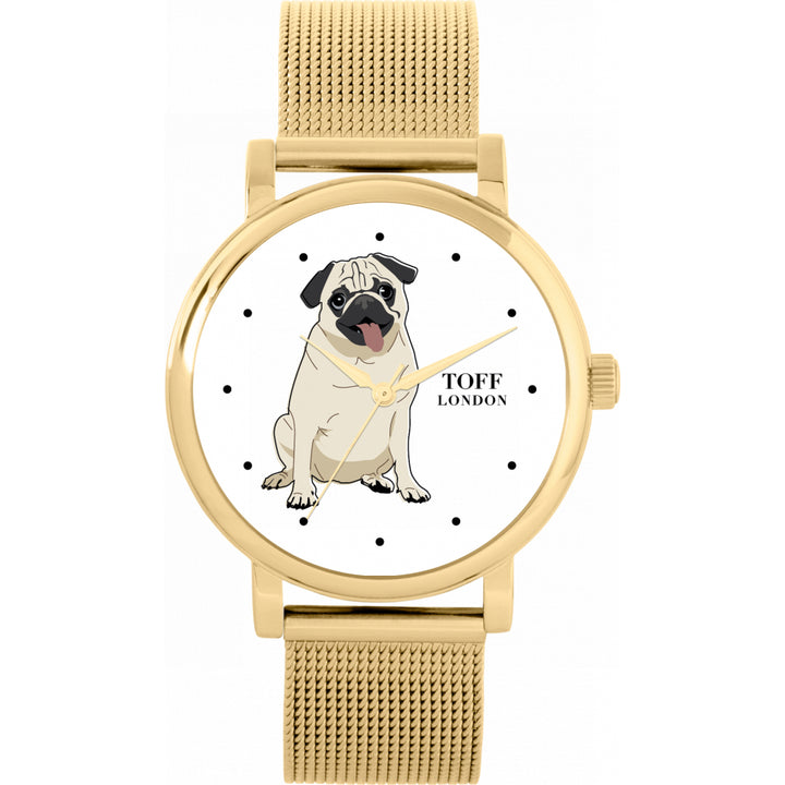Ladies Beige Pug Dog Watch