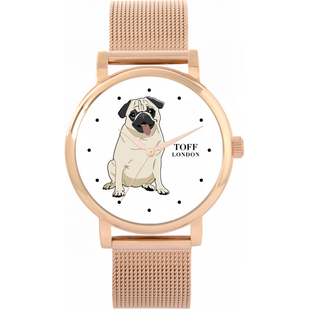 Ladies Beige Pug Dog Watch