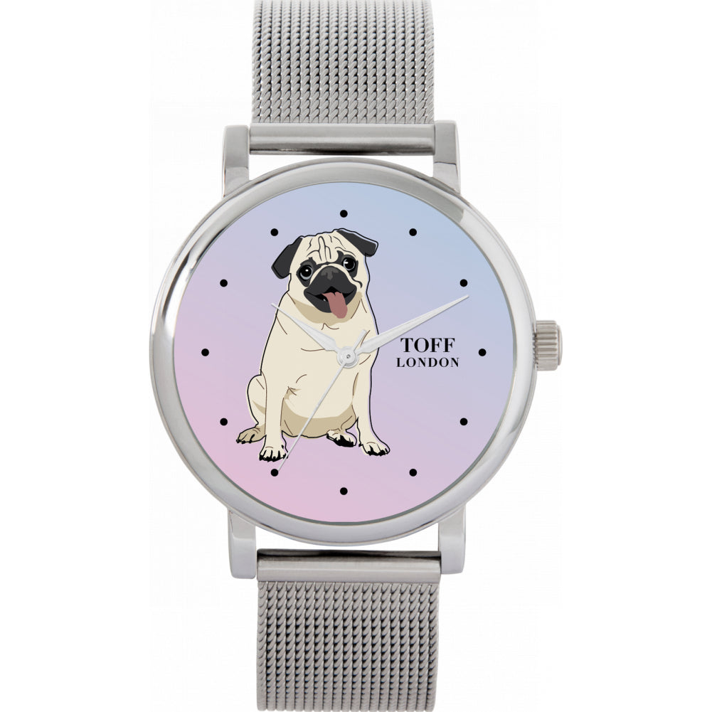 Ladies Beige Pug Dog Watch