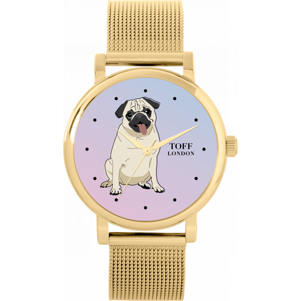 Ladies Beige Pug Dog Watch