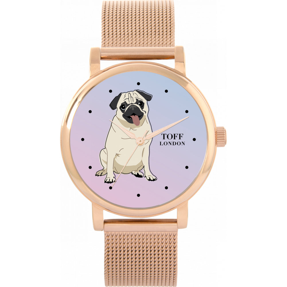 Ladies Beige Pug Dog Watch