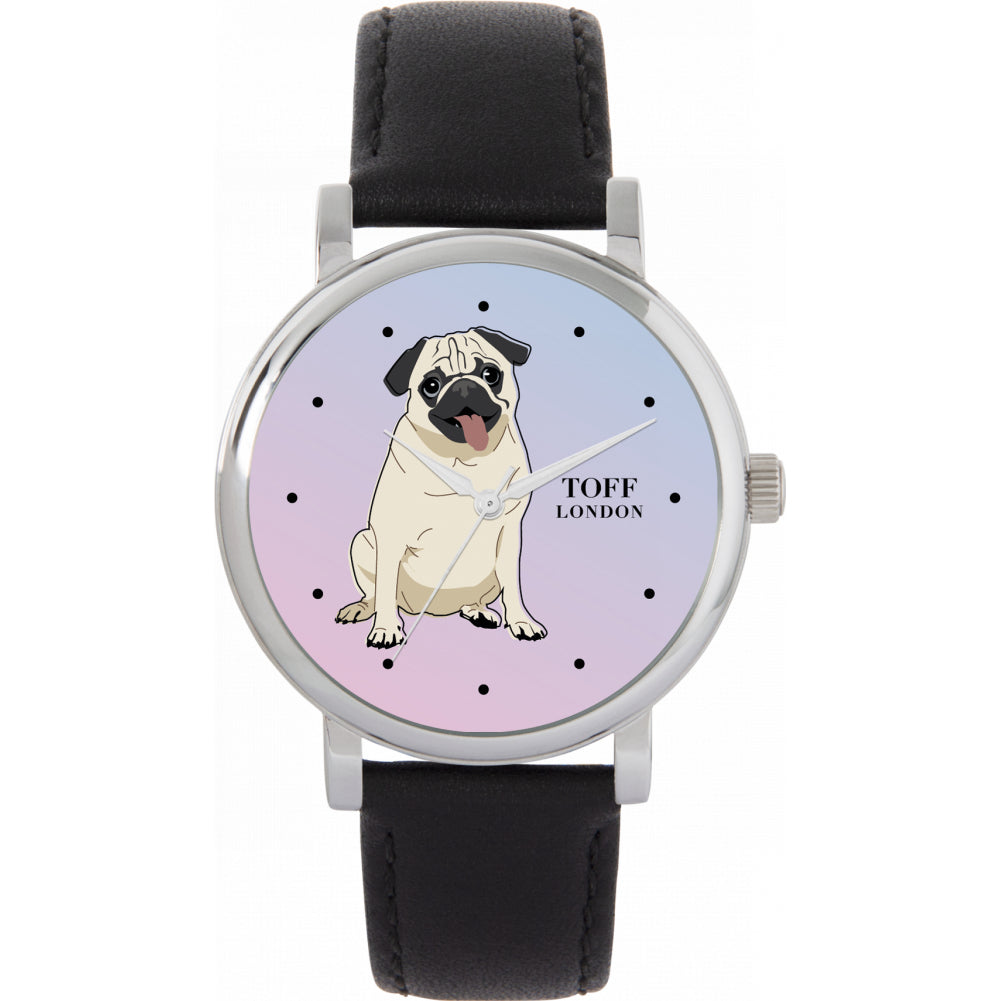 Ladies Beige Pug Dog Watch