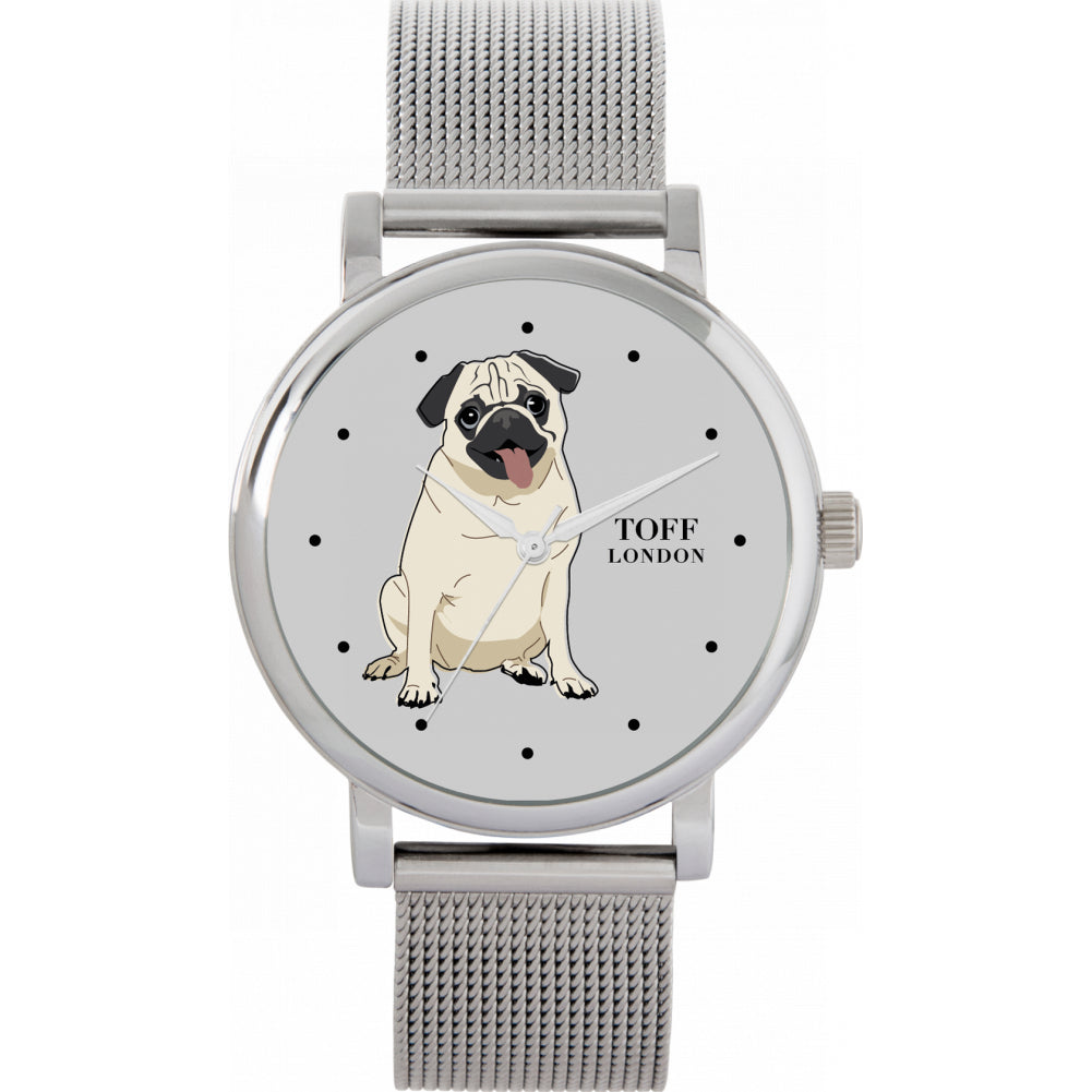 Ladies Beige Pug Dog Watch