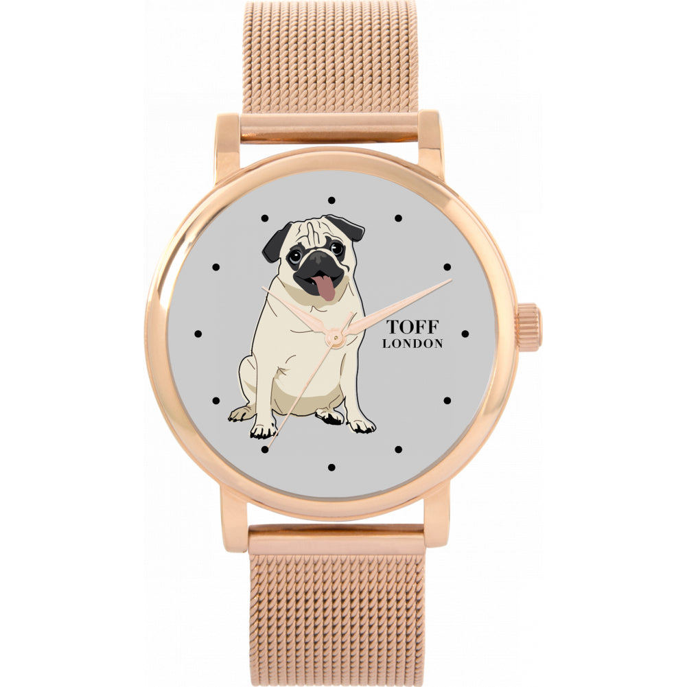 Ladies Beige Pug Dog Watch