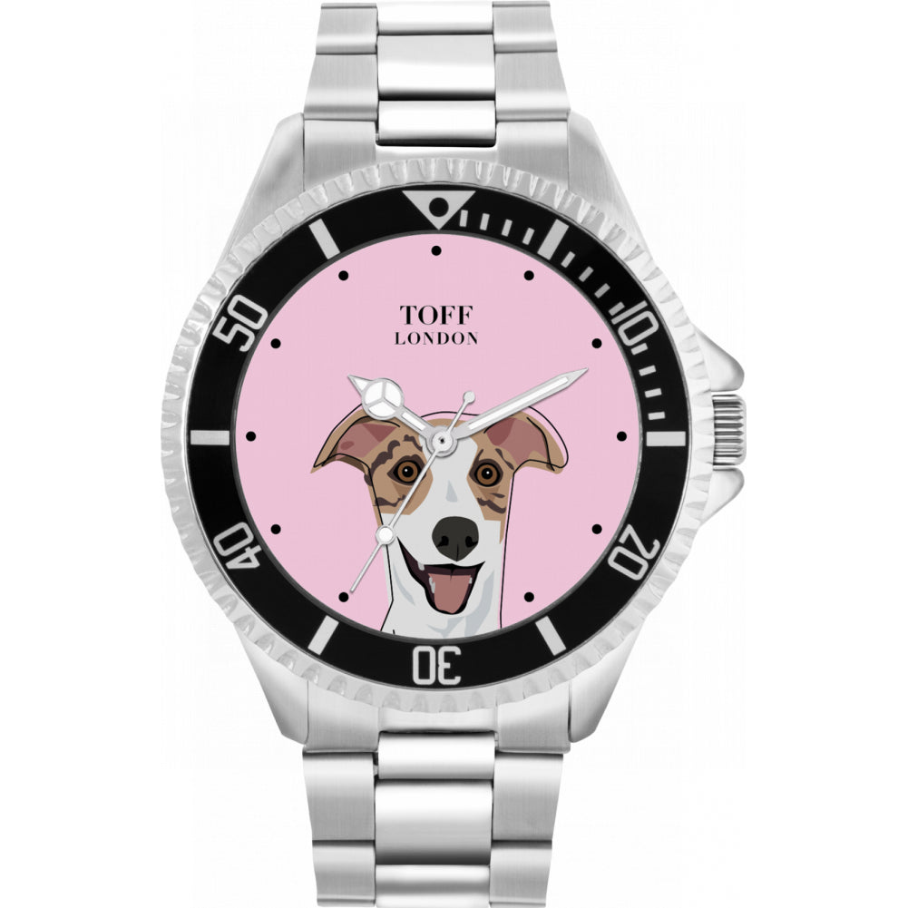 Mens Striped Beige Whippet Dog Head Watch