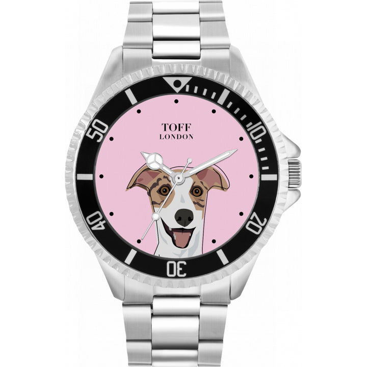 Mens Striped Beige Whippet Dog Head Watch