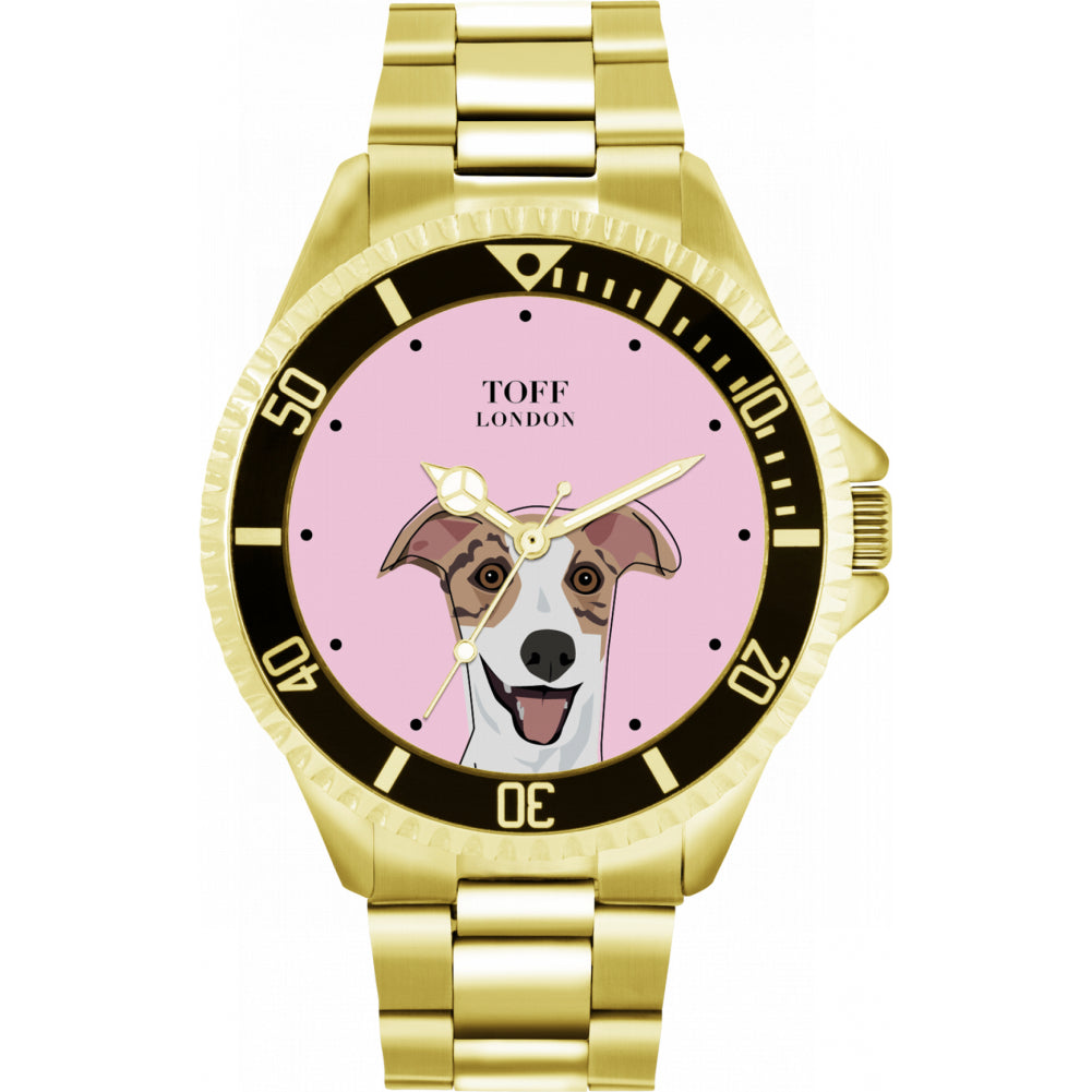 Mens Striped Beige Whippet Dog Head Watch