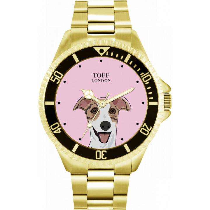Mens Striped Beige Whippet Dog Head Watch