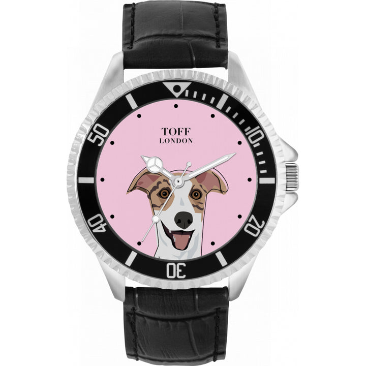 Mens Striped Beige Whippet Dog Head Watch