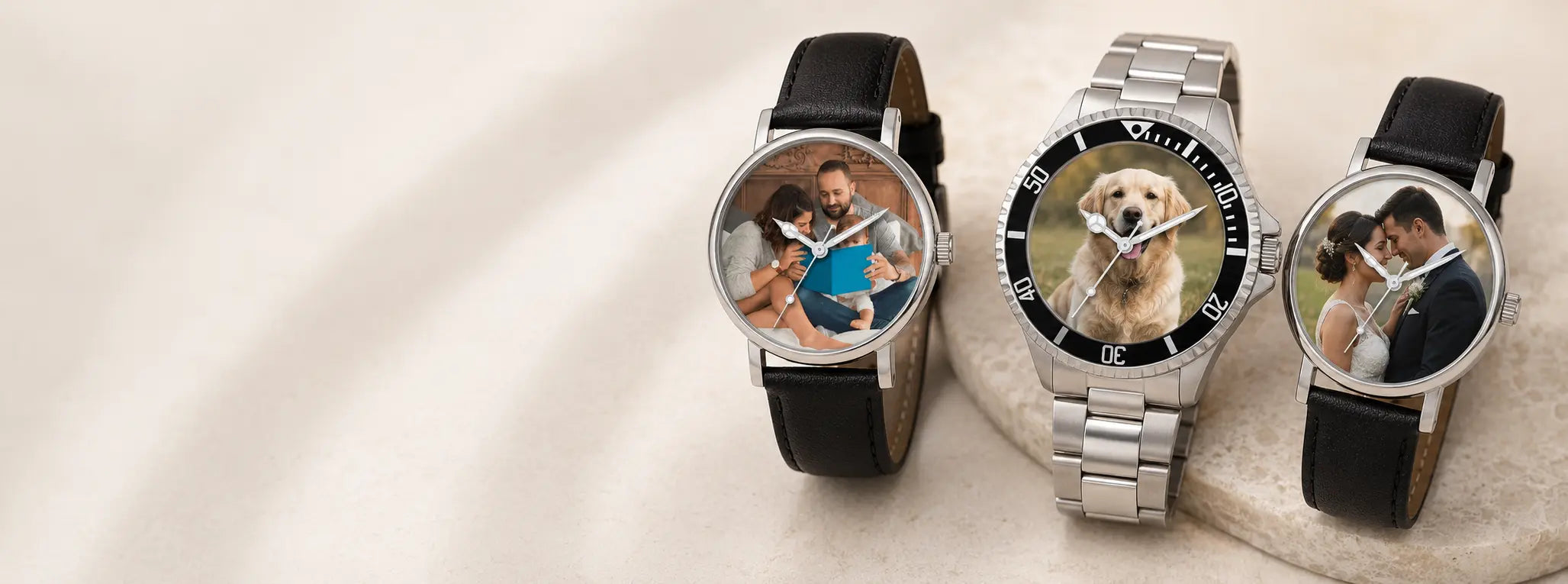 Three personalised photo watches featuring a family, a dog and a wedding photograph